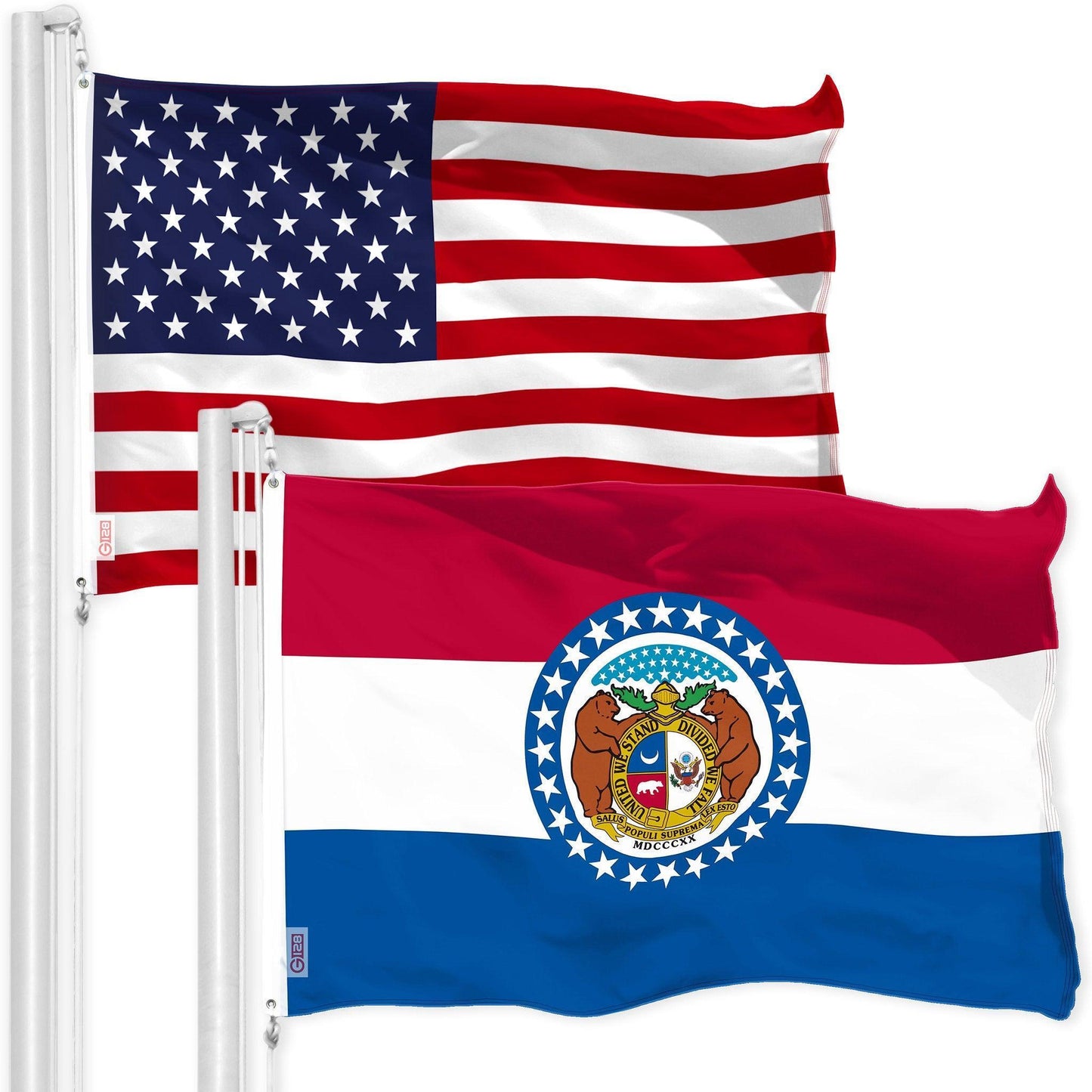 G128 Combo Pack: American USA Flag 3x5 Ft & Missouri Flag 3x5 Ft, Both Printed 150D Polyester, Indoor/Outdoor, Brass Grommets
