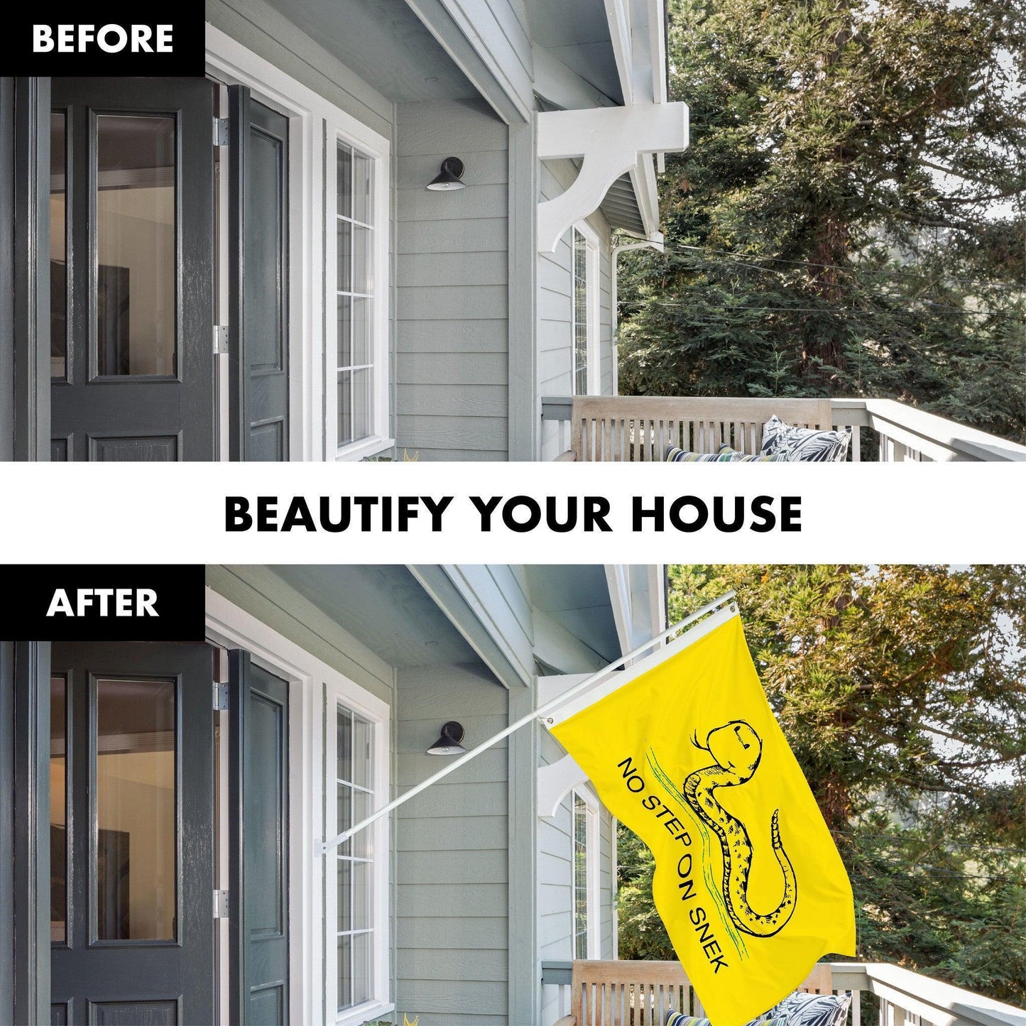 G128 Combo Pack: 6 Ft Tangle Free Spinning Flagpole (White) & No Step on Snek Cute Cartoon Flag 3x5 Ft Printed 150D Polyester, Brass Grommets (Flag Included) Aluminum Flag Pole
