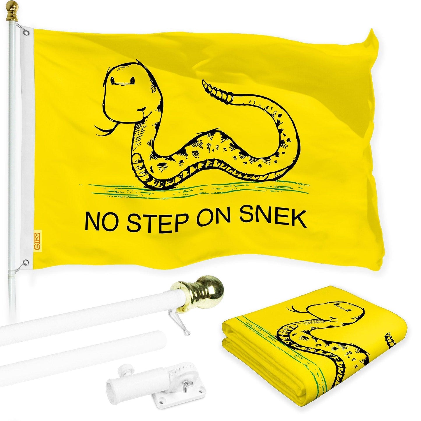 G128 Combo Pack: 6 Ft Tangle Free Spinning Flagpole (White) & No Step on Snek Cute Cartoon Flag 3x5 Ft Printed 150D Polyester, Brass Grommets (Flag Included) Aluminum Flag Pole